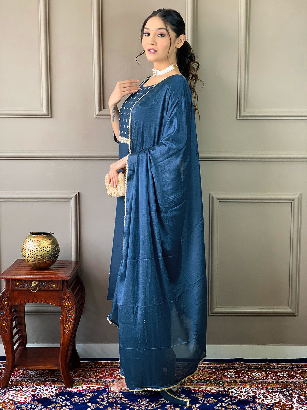 Teeya Creation Blue Color Rayon Slub Embroidery Work Fully Stitched Kurti Set - Distacart