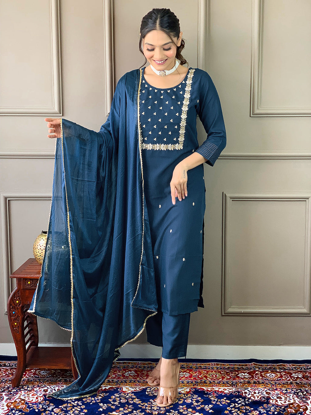 Teeya Creation Blue Color Rayon Slub Embroidery Work Fully Stitched Kurti Set - Distacart