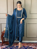 Teeya Creation Blue Color Rayon Slub Embroidery Work Fully Stitched Kurti Set - Distacart