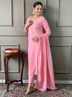 Teeya Creation Baby Pink Color Rayon Slub Embroidery Work Fully Stitched Kurti Set - Distacart