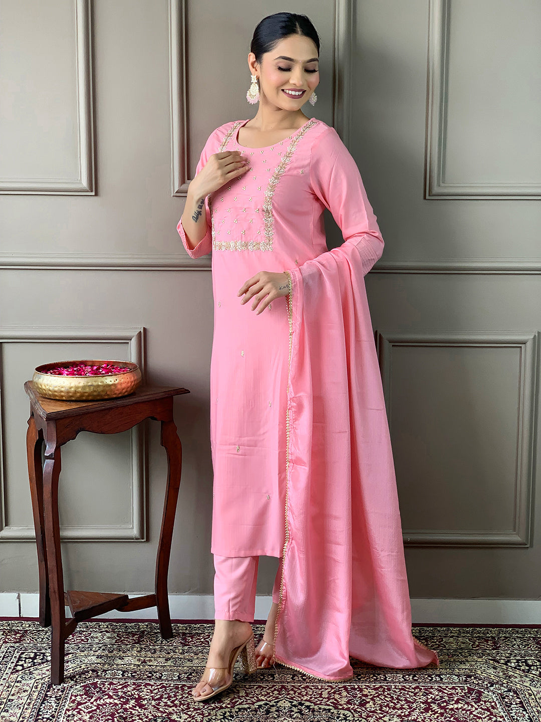 Teeya Creation Baby Pink Color Rayon Slub Embroidery Work Fully Stitched Kurti Set - Distacart