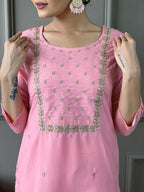 Teeya Creation Baby Pink Color Rayon Slub Embroidery Work Fully Stitched Kurti Set - Distacart