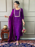Teeya Creation Violet Color Rayon Slub Embroidery Work Fully Stitched Kurti Set - Distacart