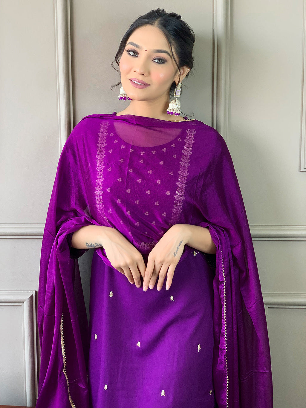 Teeya Creation Violet Color Rayon Slub Embroidery Work Fully Stitched Kurti Set - Distacart