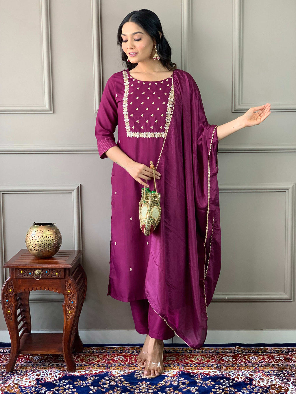 Teeya Creation Wine Color Rayon Slub Embroidery Work Fully Stitched Kurti Set - Distacart