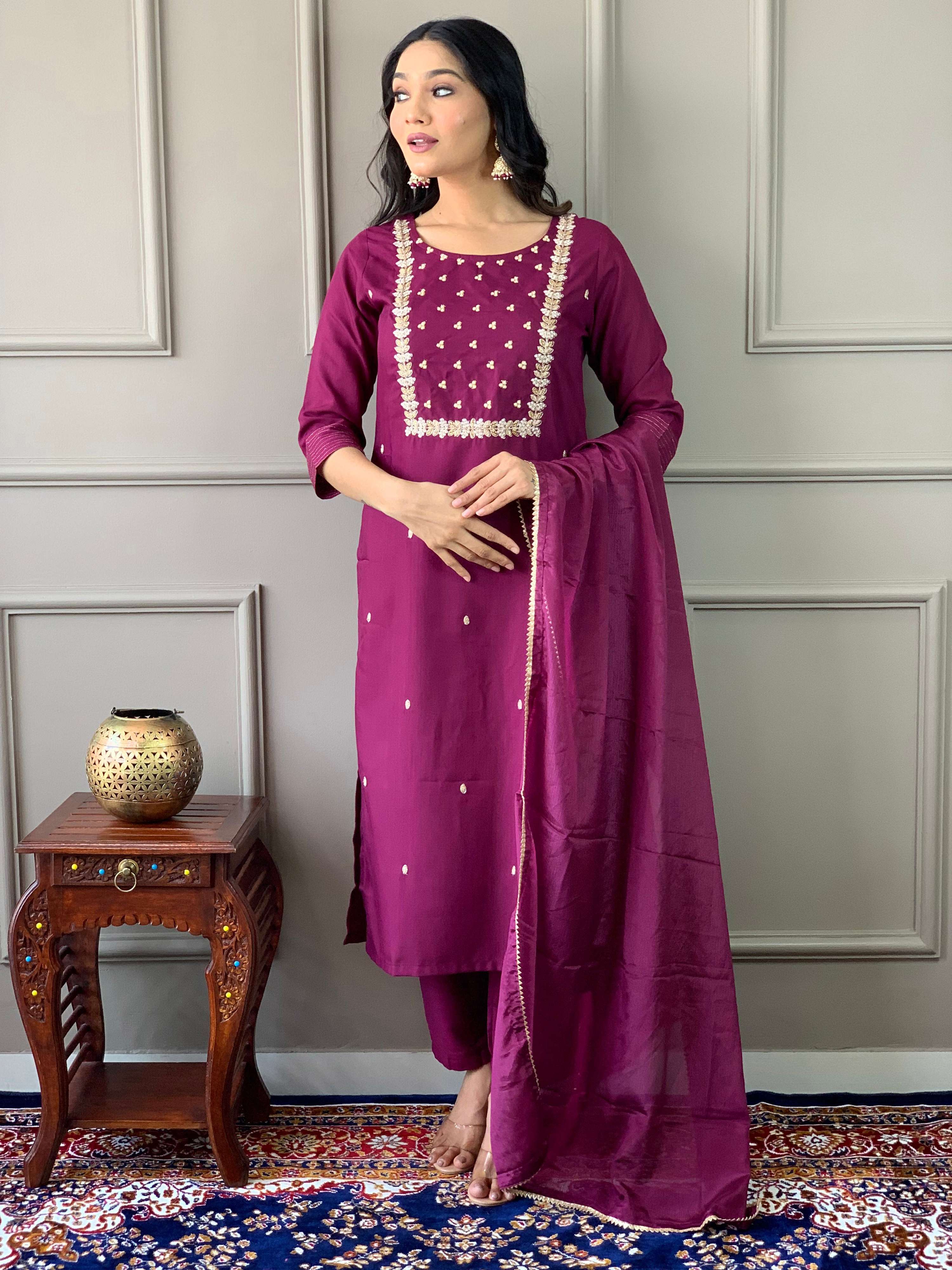 Teeya Creation Wine Color Rayon Slub Embroidery Work Fully Stitched Kurti Set - Distacart