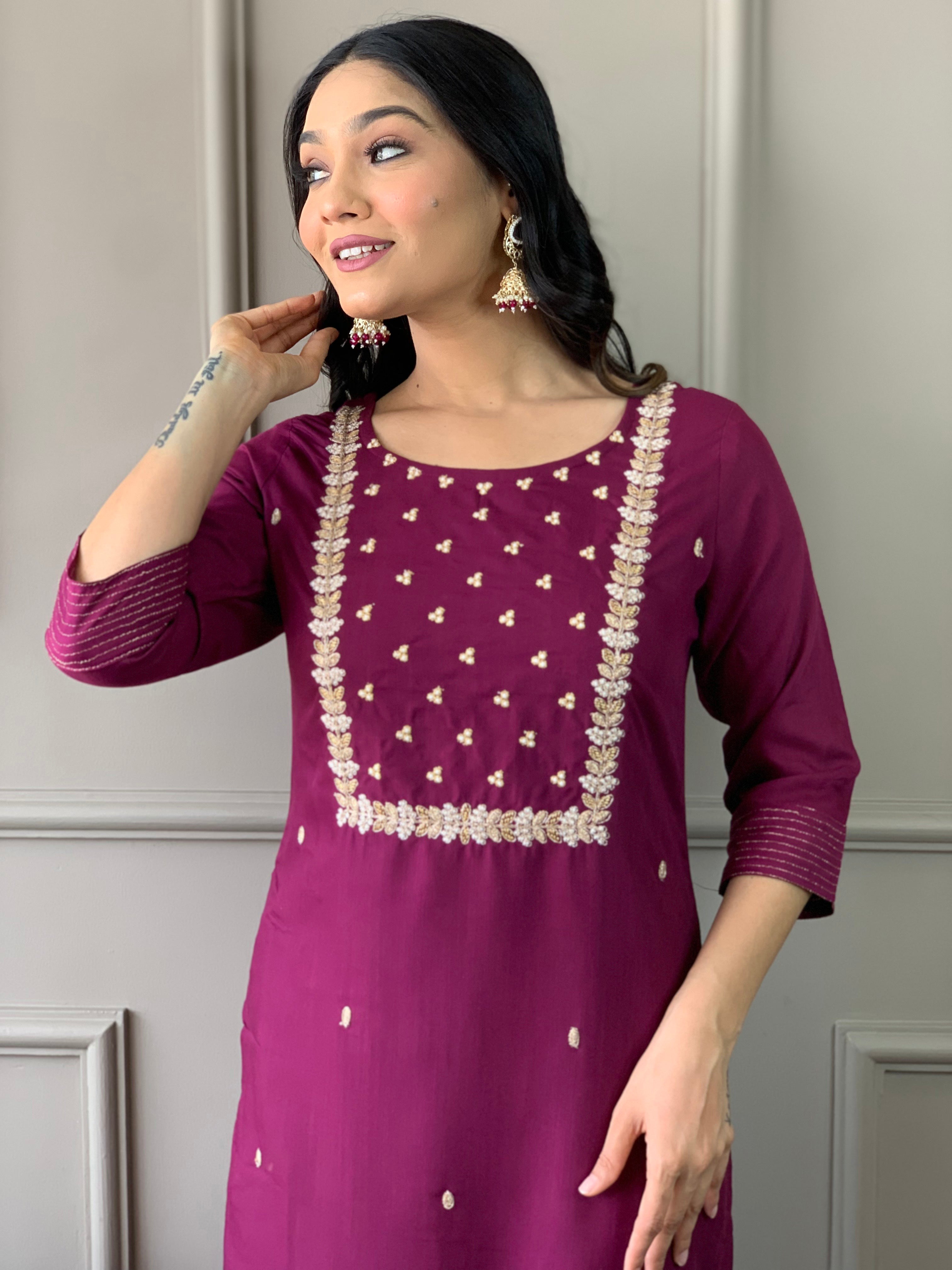 Teeya Creation Wine Color Rayon Slub Embroidery Work Fully Stitched Kurti Set - Distacart