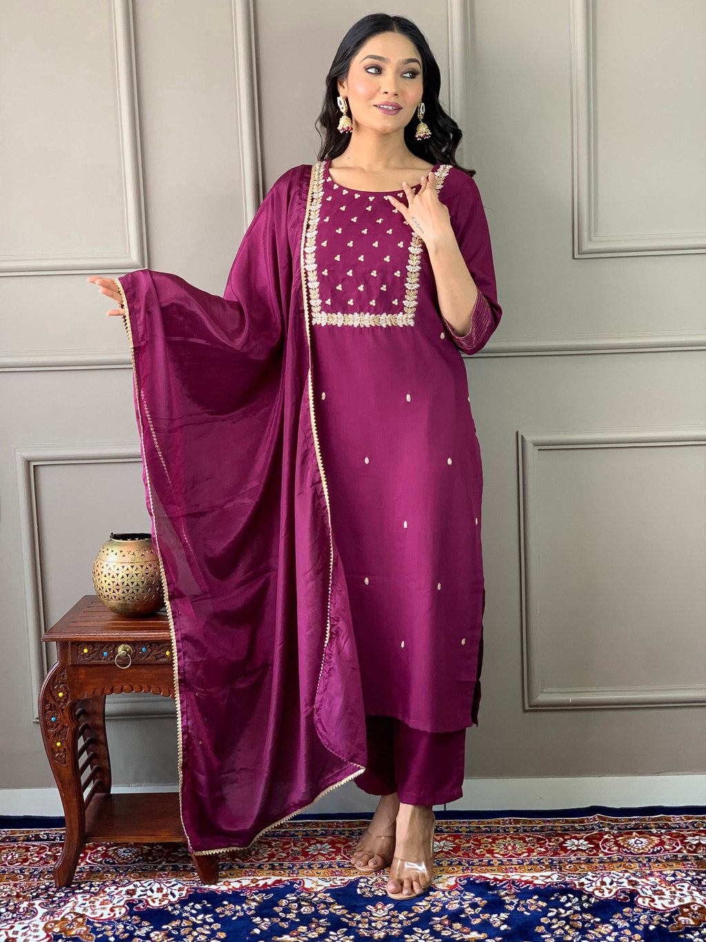 Teeya Creation Wine Color Rayon Slub Embroidery Work Fully Stitched Kurti Set - Distacart