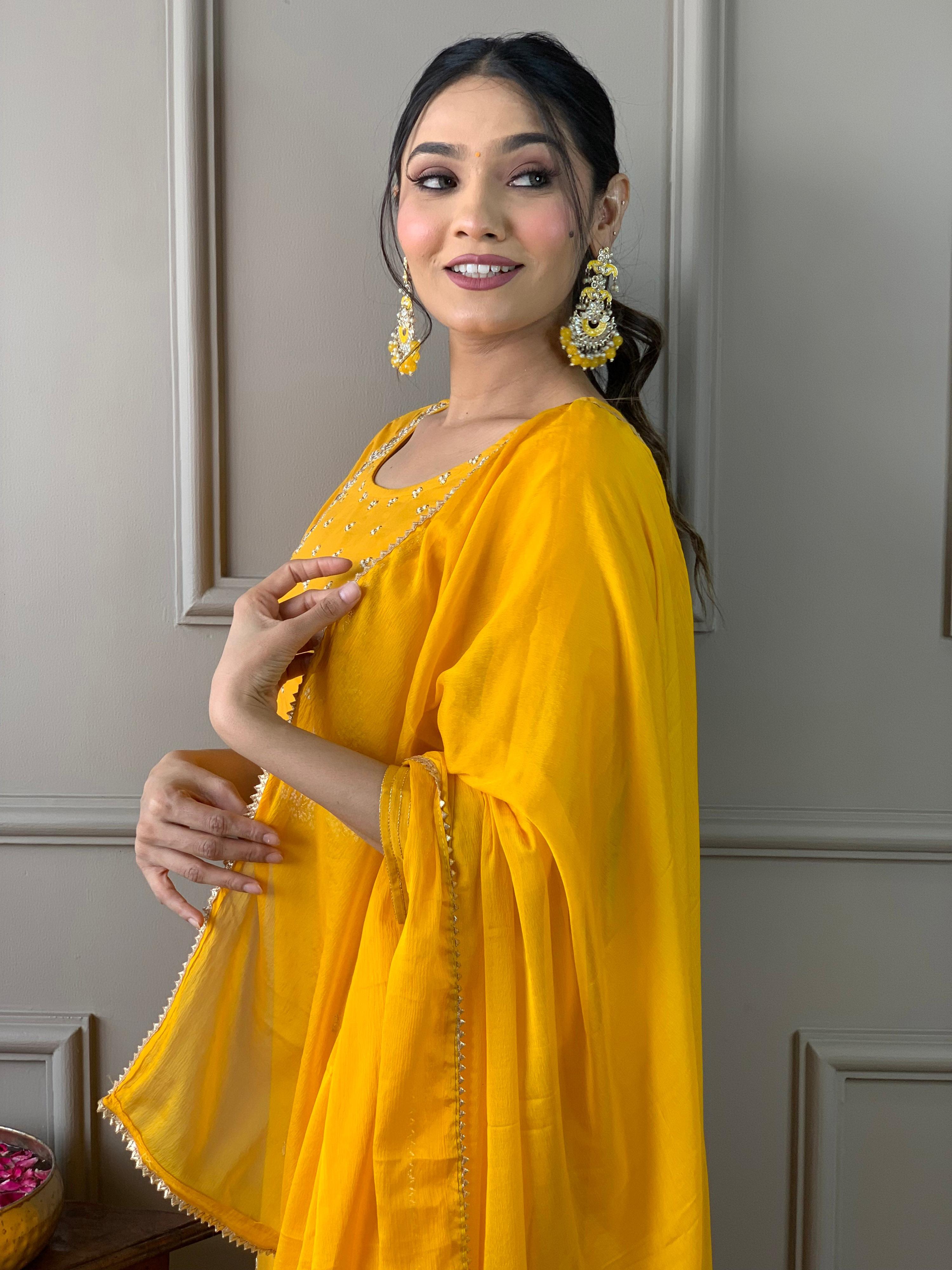 Teeya Creation Yellow Color Rayon Slub Embroidery Work Fully Stitched Kurti Set - Distacart