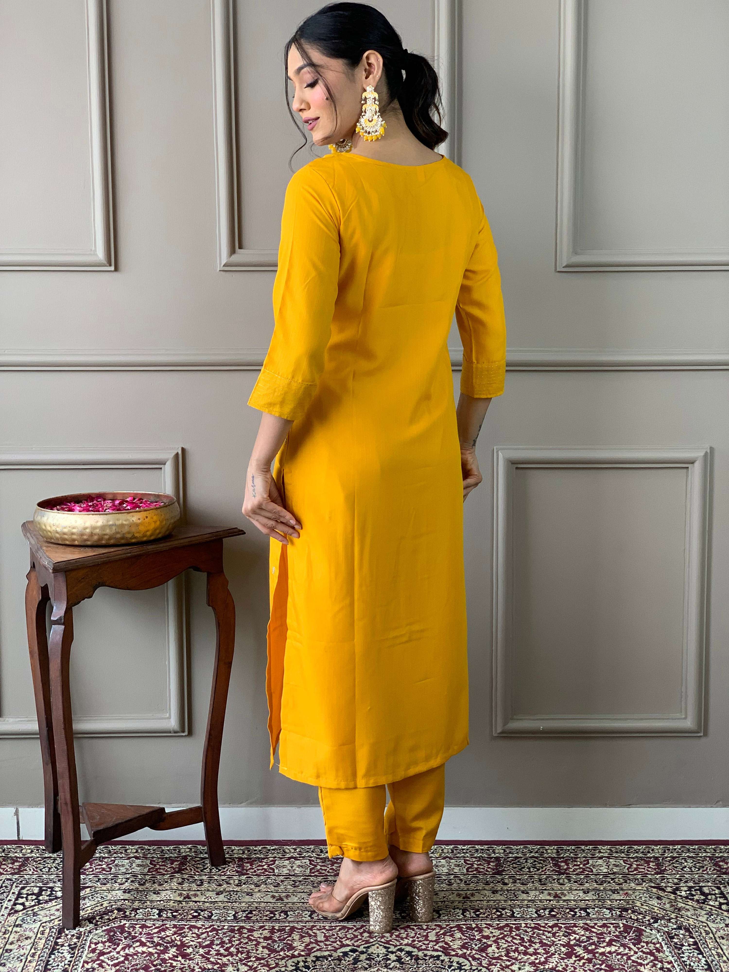 Teeya Creation Yellow Color Rayon Slub Embroidery Work Fully Stitched Kurti Set - Distacart