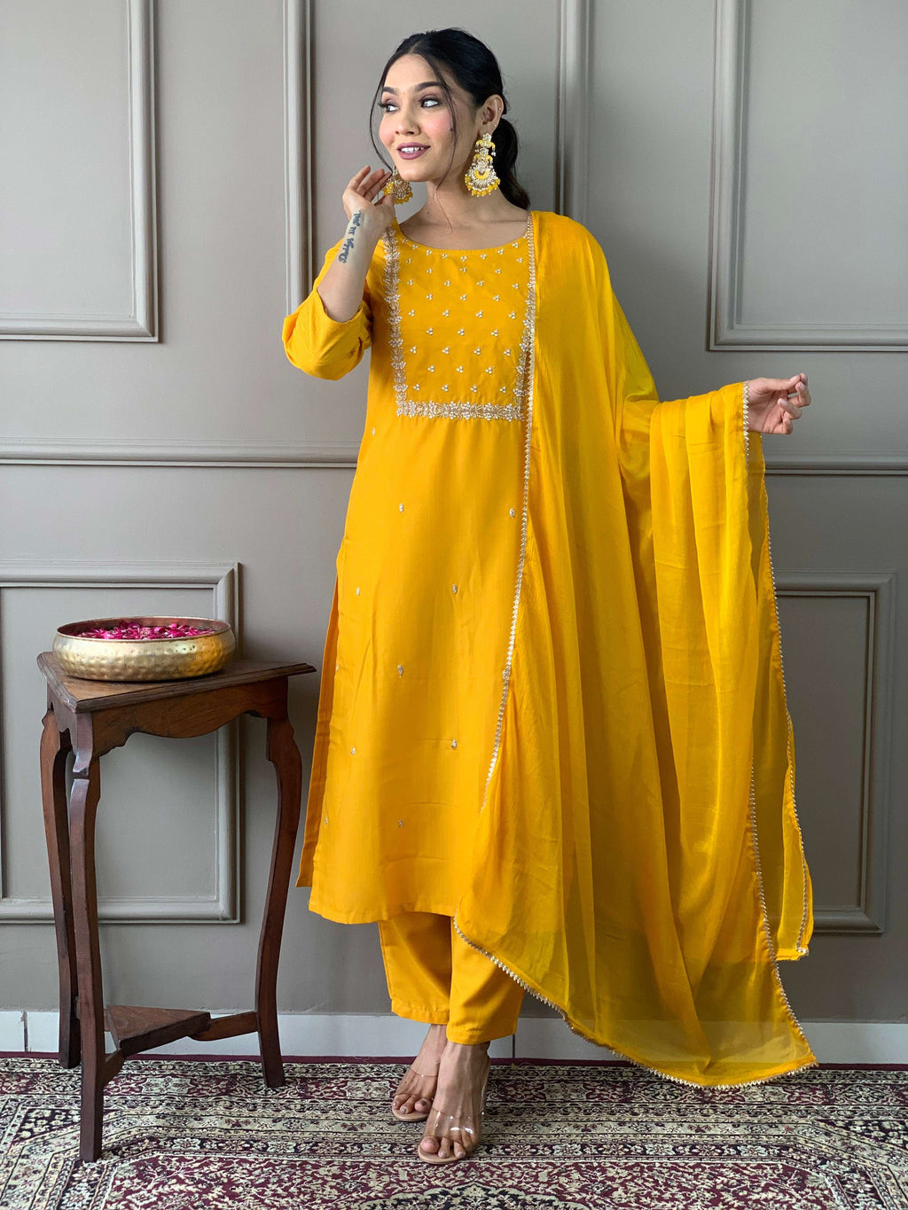 Teeya Creation Yellow Color Rayon Slub Embroidery Work Fully Stitched Kurti Set - Distacart