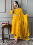 Teeya Creation Yellow Color Rayon Slub Embroidery Work Fully Stitched Kurti Set - Distacart