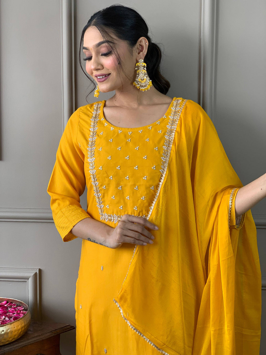 Teeya Creation Yellow Color Rayon Slub Embroidery Work Fully Stitched Kurti Set - Distacart