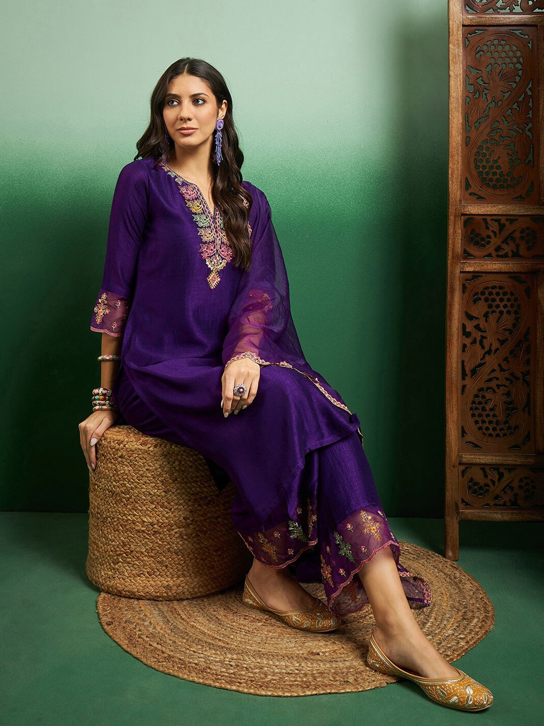 Teeya Creation Violet Color Chanderi Embroidery Work Fully Stitched Kurti Set - Distacart
