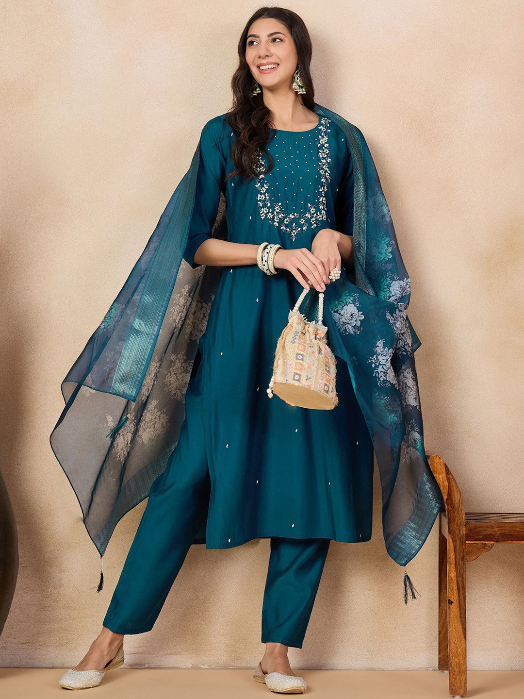 Teeya Creation More Peach Color Viscose Chanderi Embroidery Work Fully Stitched Kurti Set - Distacart