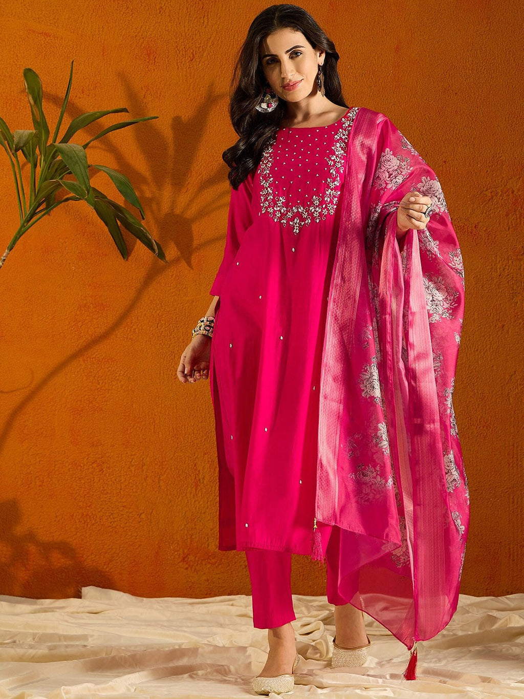 Teeya Creation Pink Color Viscose Chanderi Embroidery Work Fully Stitched Kurti Set - Distacart
