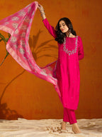 Teeya Creation Pink Color Viscose Chanderi Embroidery Work Fully Stitched Kurti Set - Distacart