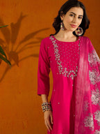 Teeya Creation Pink Color Viscose Chanderi Embroidery Work Fully Stitched Kurti Set - Distacart