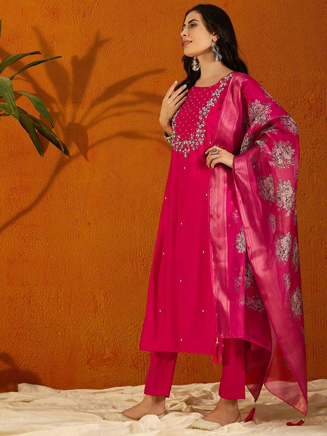 Teeya Creation Pink Color Viscose Chanderi Embroidery Work Fully Stitched Kurti Set - Distacart