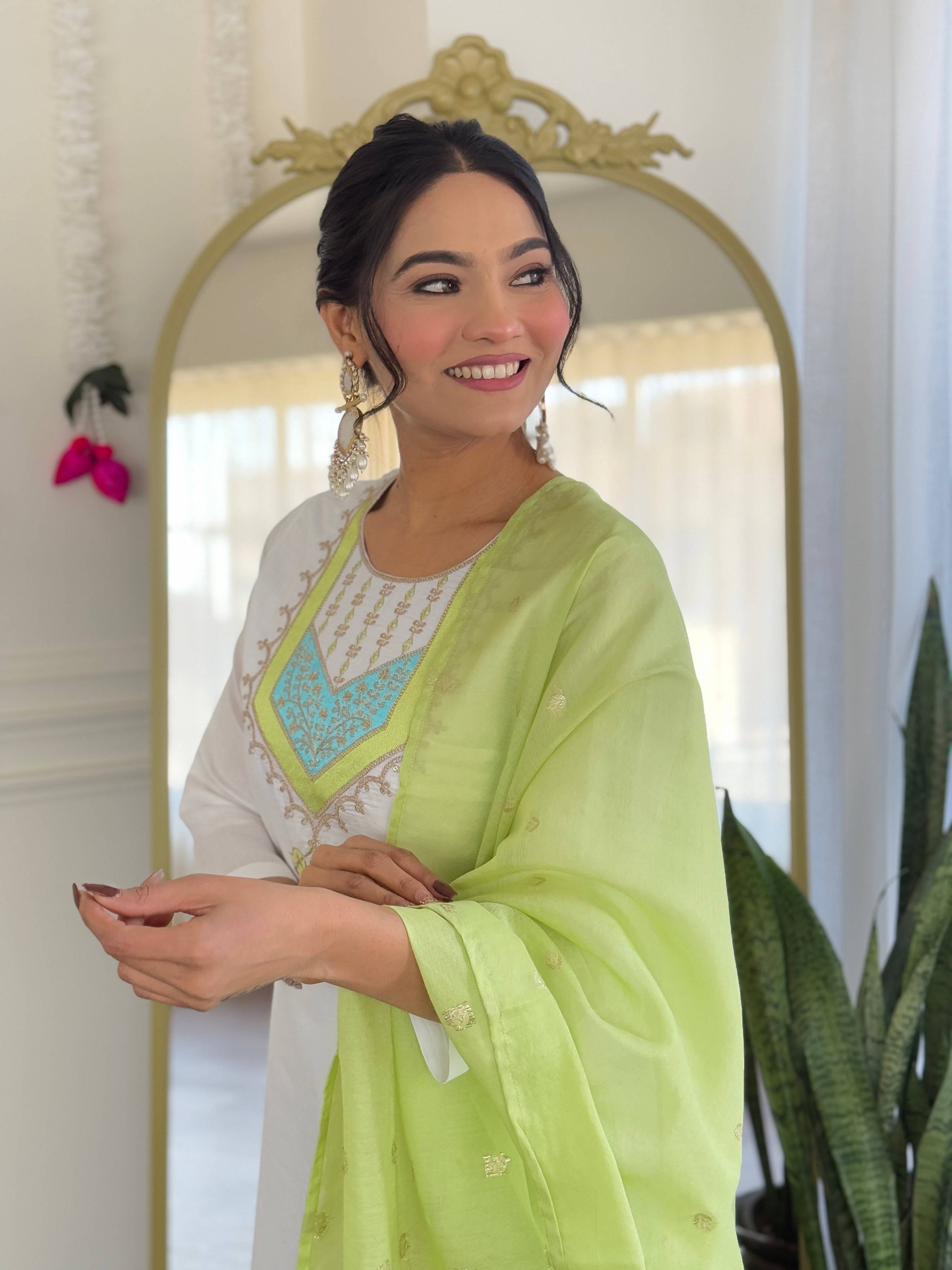 Teeya Creation White Color Viscose Chanderi Embroidery Work Fully Stitched Kurti Set - Distacart