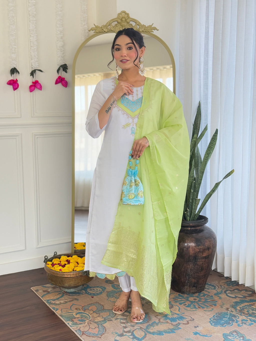 Teeya Creation White Color Viscose Chanderi Embroidery Work Fully Stitched Kurti Set - Distacart