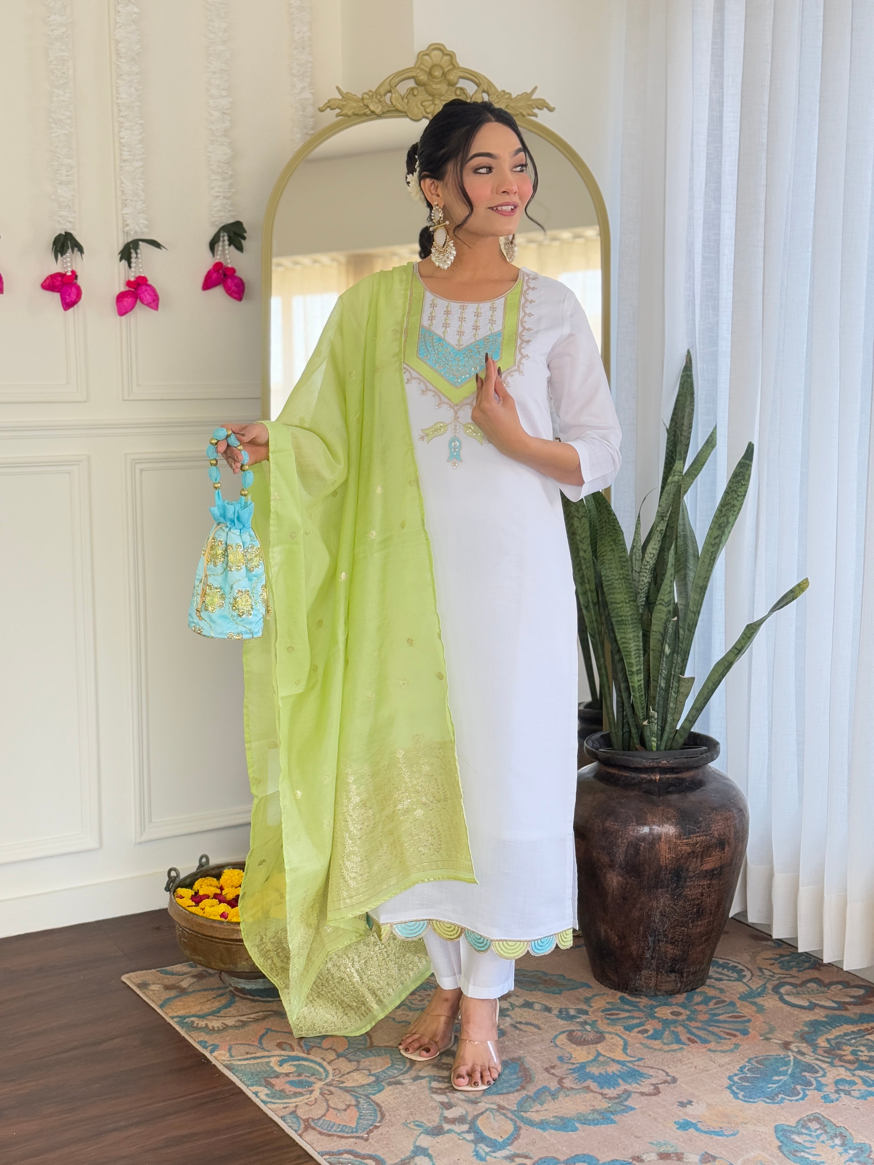 Teeya Creation White Color Viscose Chanderi Embroidery Work Fully Stitched Kurti Set - Distacart