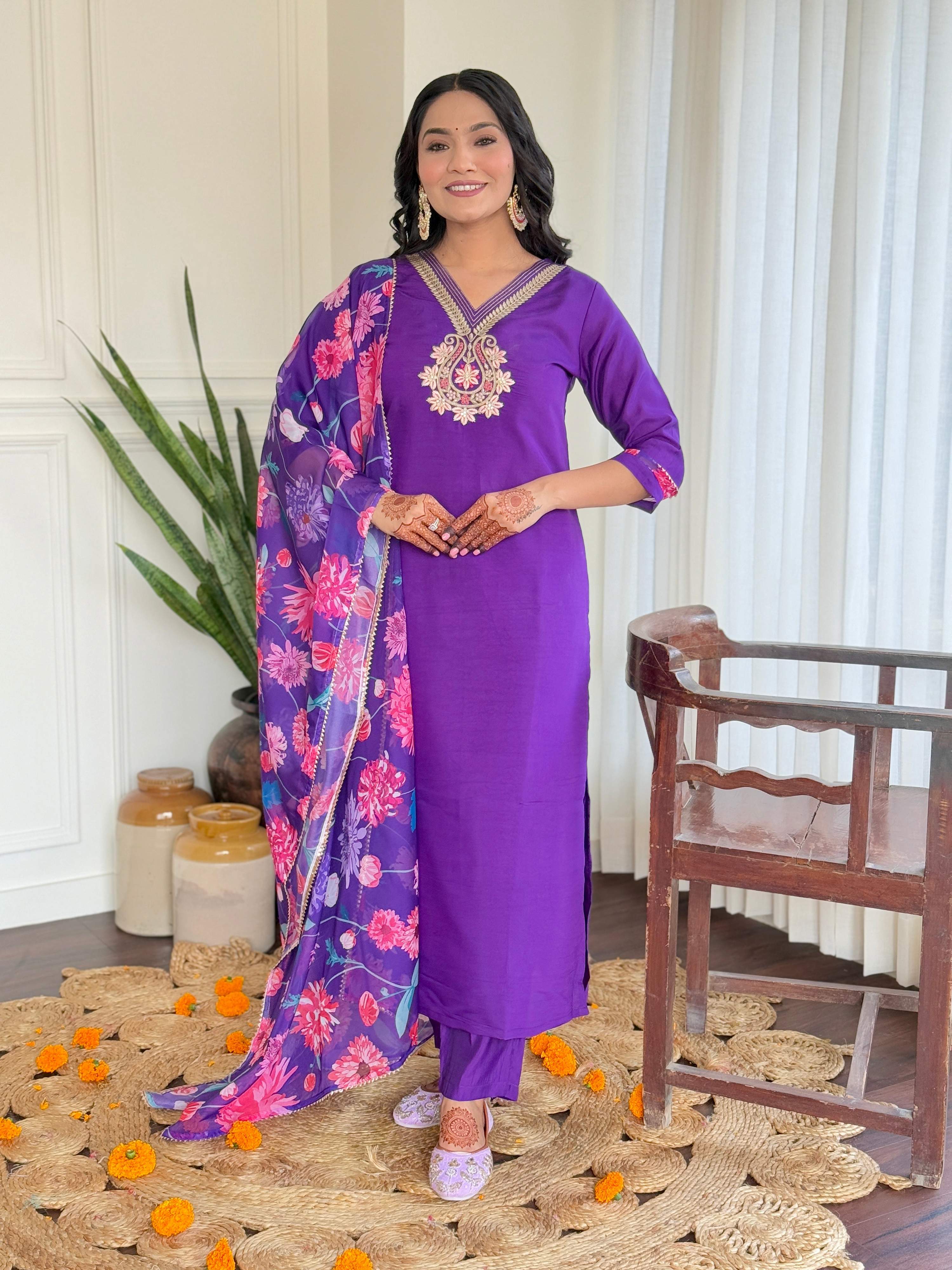 Teeya Creation Purple Color Viscose Chanderi Embroidery Work Fully Stitched Kurti Set - Distacart