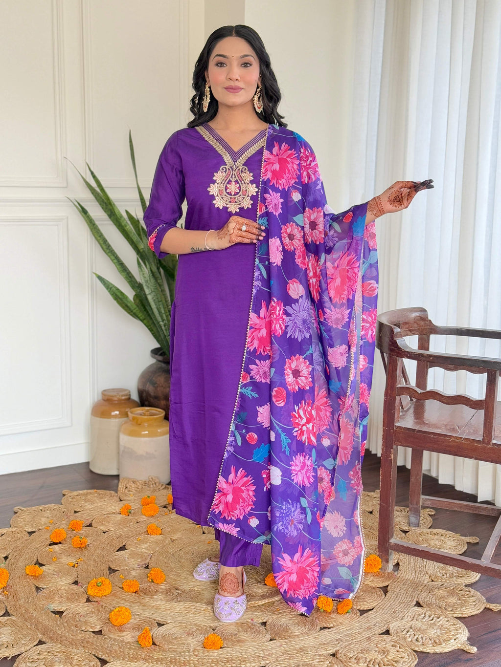 Teeya Creation Purple Color Viscose Chanderi Embroidery Work Fully Stitched Kurti Set - Distacart