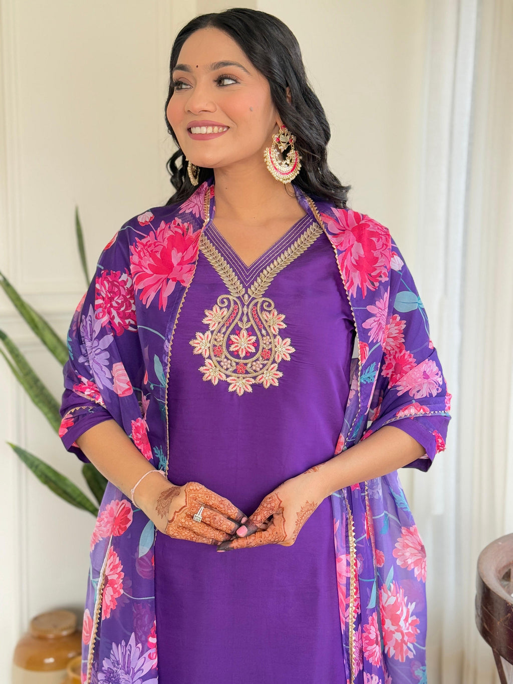 Teeya Creation Purple Color Viscose Chanderi Embroidery Work Fully Stitched Kurti Set - Distacart