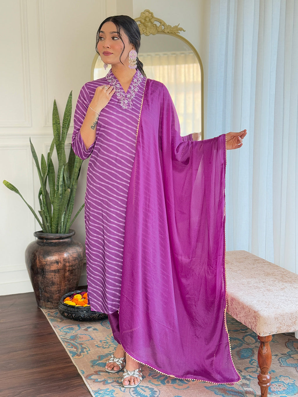 Teeya Creation Purple Color MUSLIN Embroidery Work Fully Stitched Kurti Set - Distacart