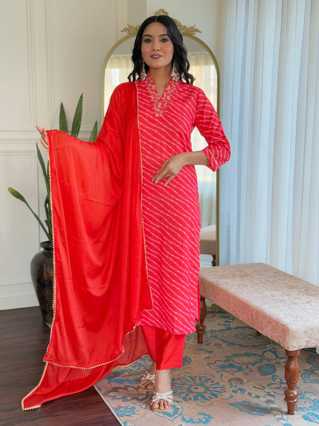 Teeya Creation Red Color MUSLIN Embroidery Work Fully Stitched Kurti Set - Distacart