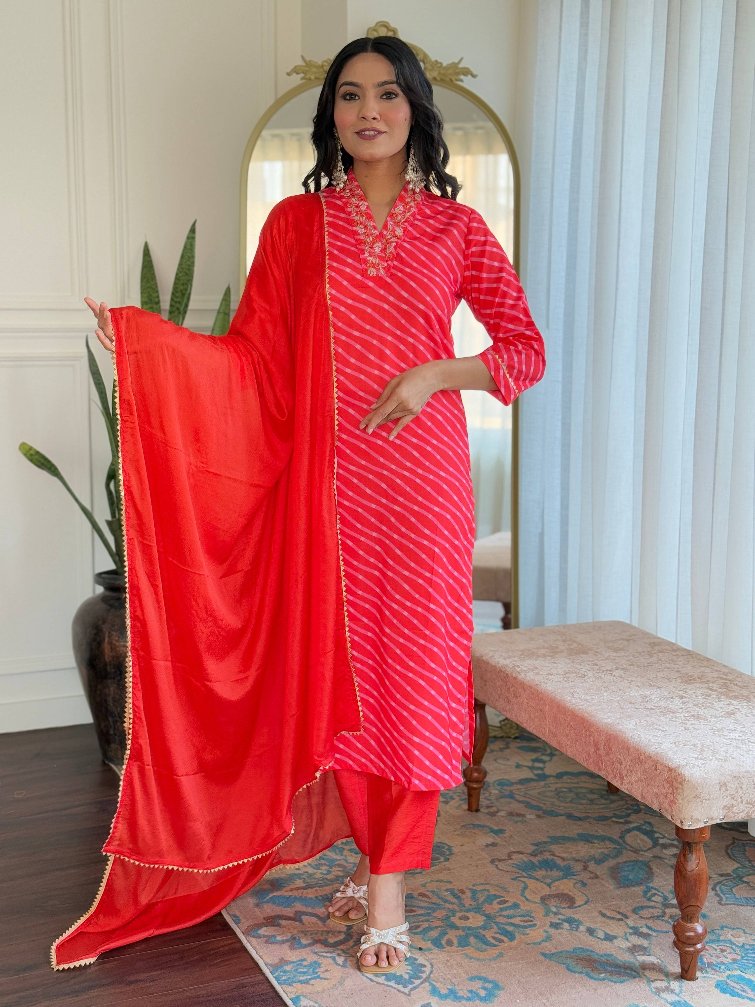 Teeya Creation Red Color MUSLIN Embroidery Work Fully Stitched Kurti Set - Distacart