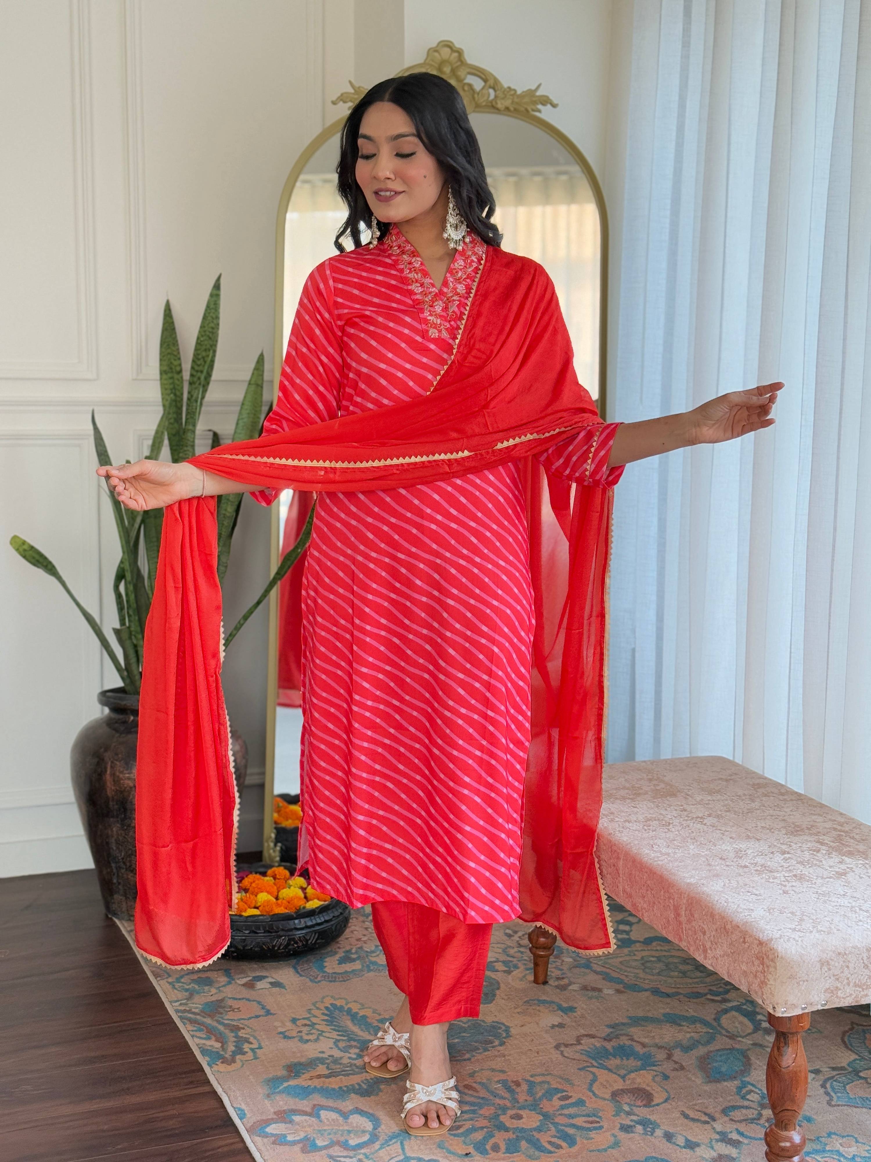 Teeya Creation Red Color MUSLIN Embroidery Work Fully Stitched Kurti Set - Distacart
