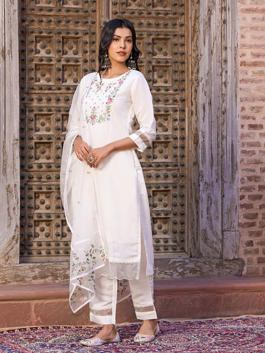 Teeya Creation White Color Viscose Chanderi Embroidery Work Fully Stitched Kurti Set - Distacart