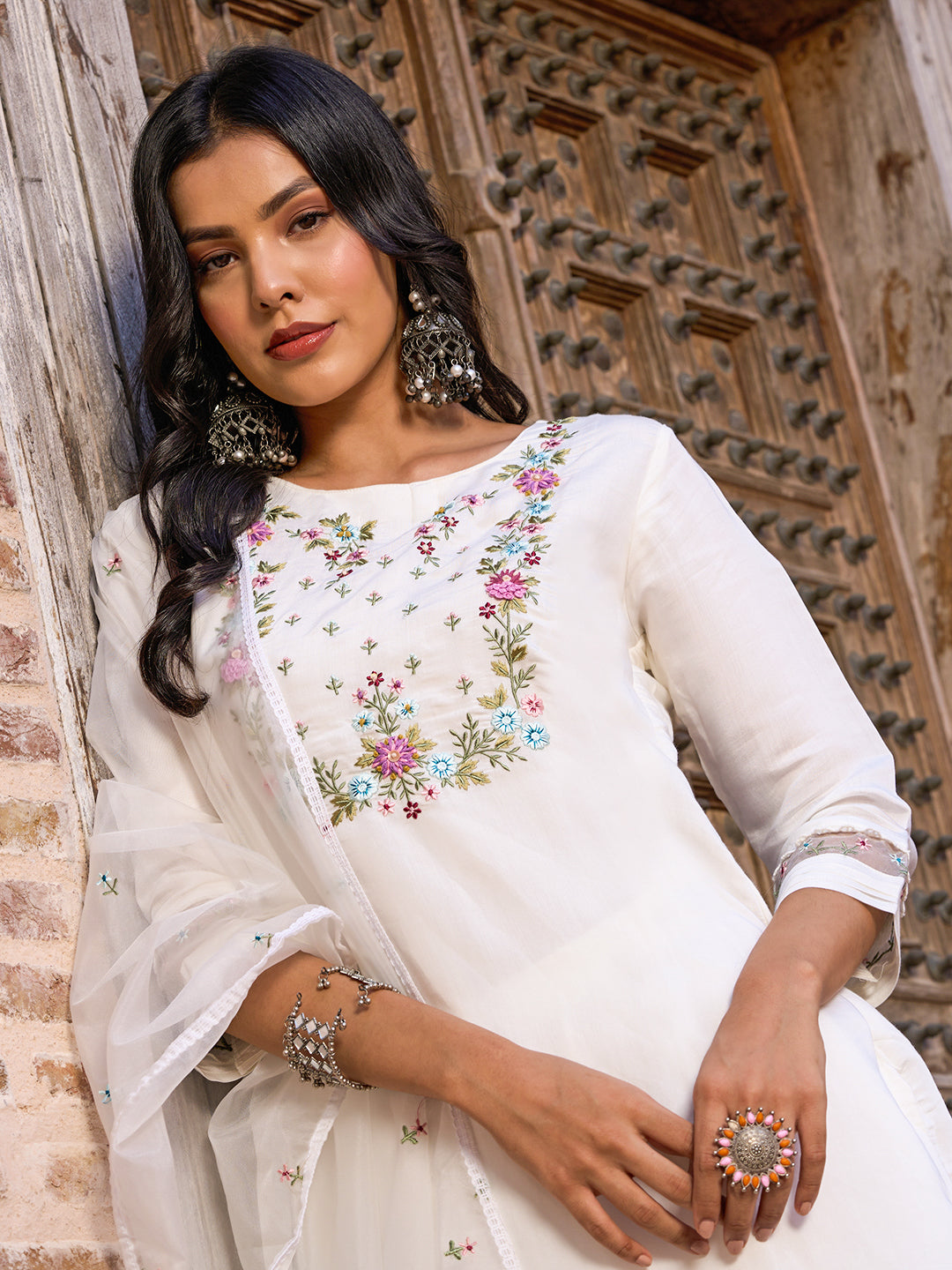 Teeya Creation White Color Viscose Chanderi Embroidery Work Fully Stitched Kurti Set - Distacart