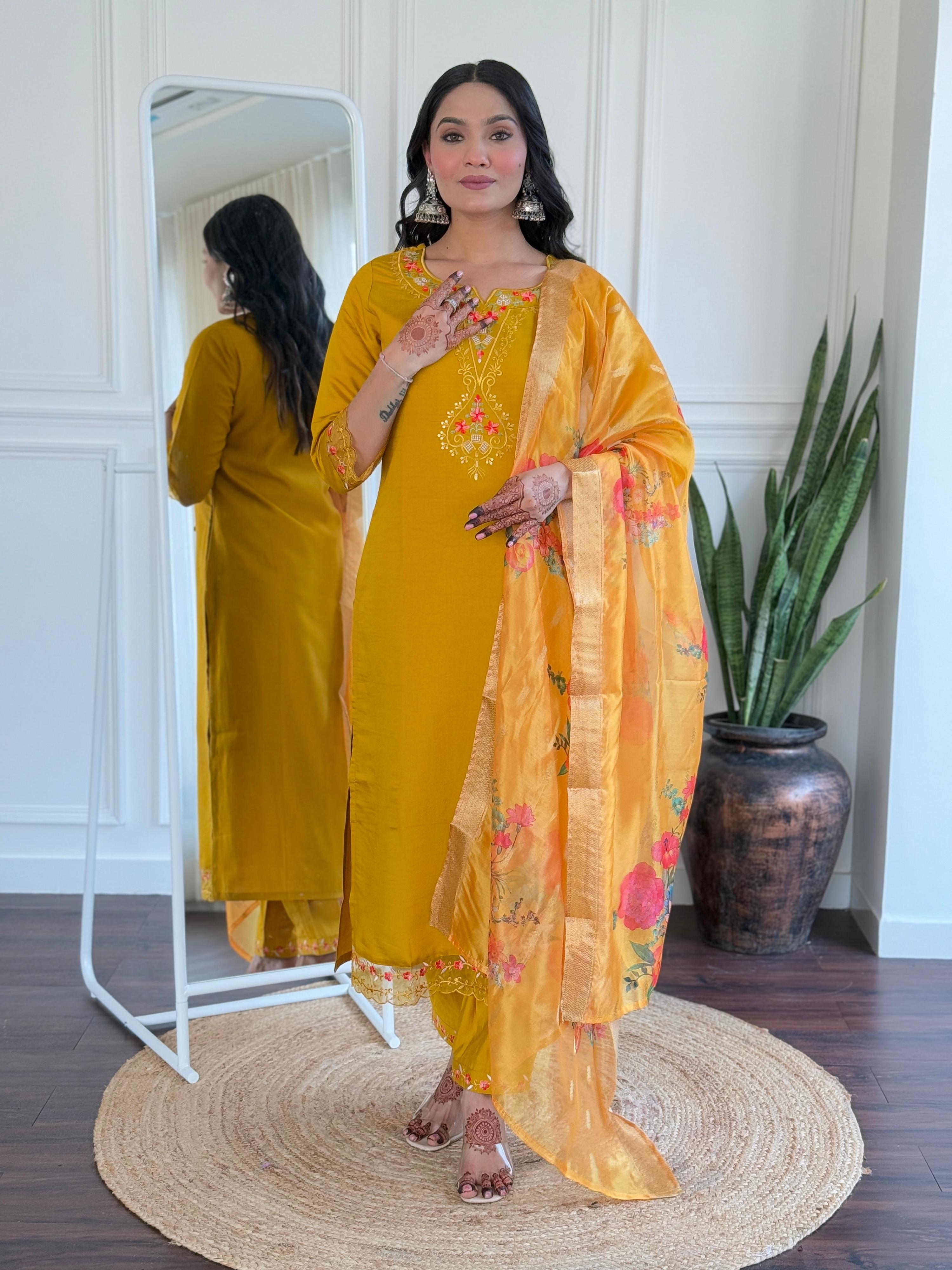 Teeya Creation Yellow Color Viscose Chanderi Embroidery Work Fully Stitched Kurti Set - Distacart