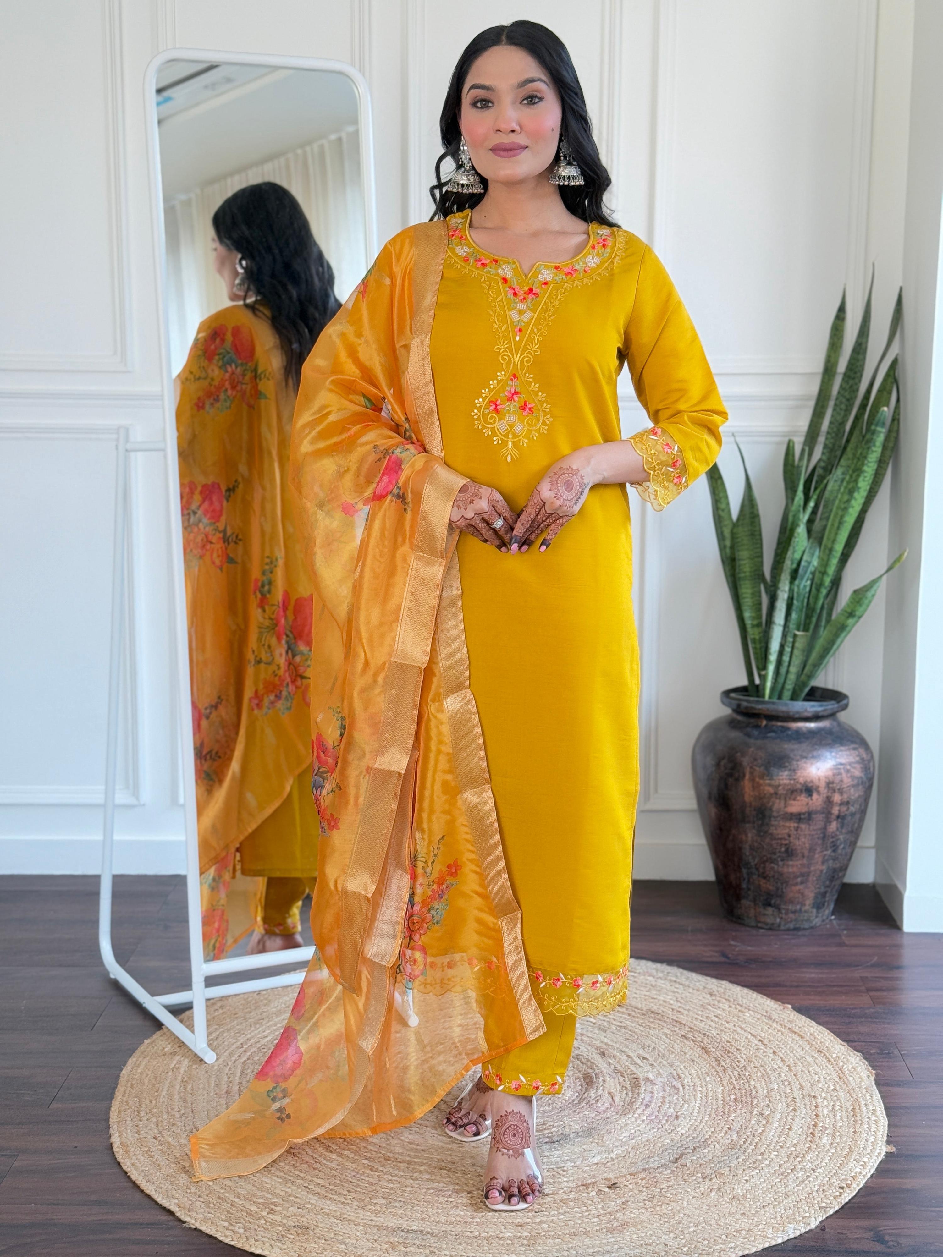 Teeya Creation Yellow Color Viscose Chanderi Embroidery Work Fully Stitched Kurti Set - Distacart