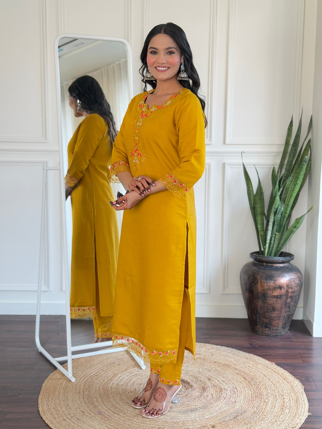 Teeya Creation Yellow Color Viscose Chanderi Embroidery Work Fully Stitched Kurti Set - Distacart