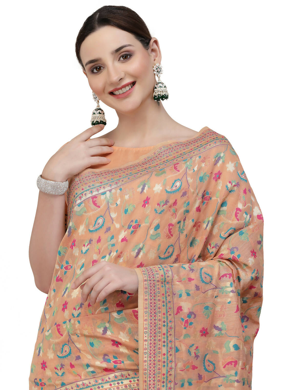 Peach Silk Blend Woven Design Saree With Unstitched Blouse Piece - Aloki