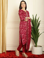 Jyoti Fashion Women's Red Pashmina Floral Digital Printed Kurta with Trouser & Dupatta