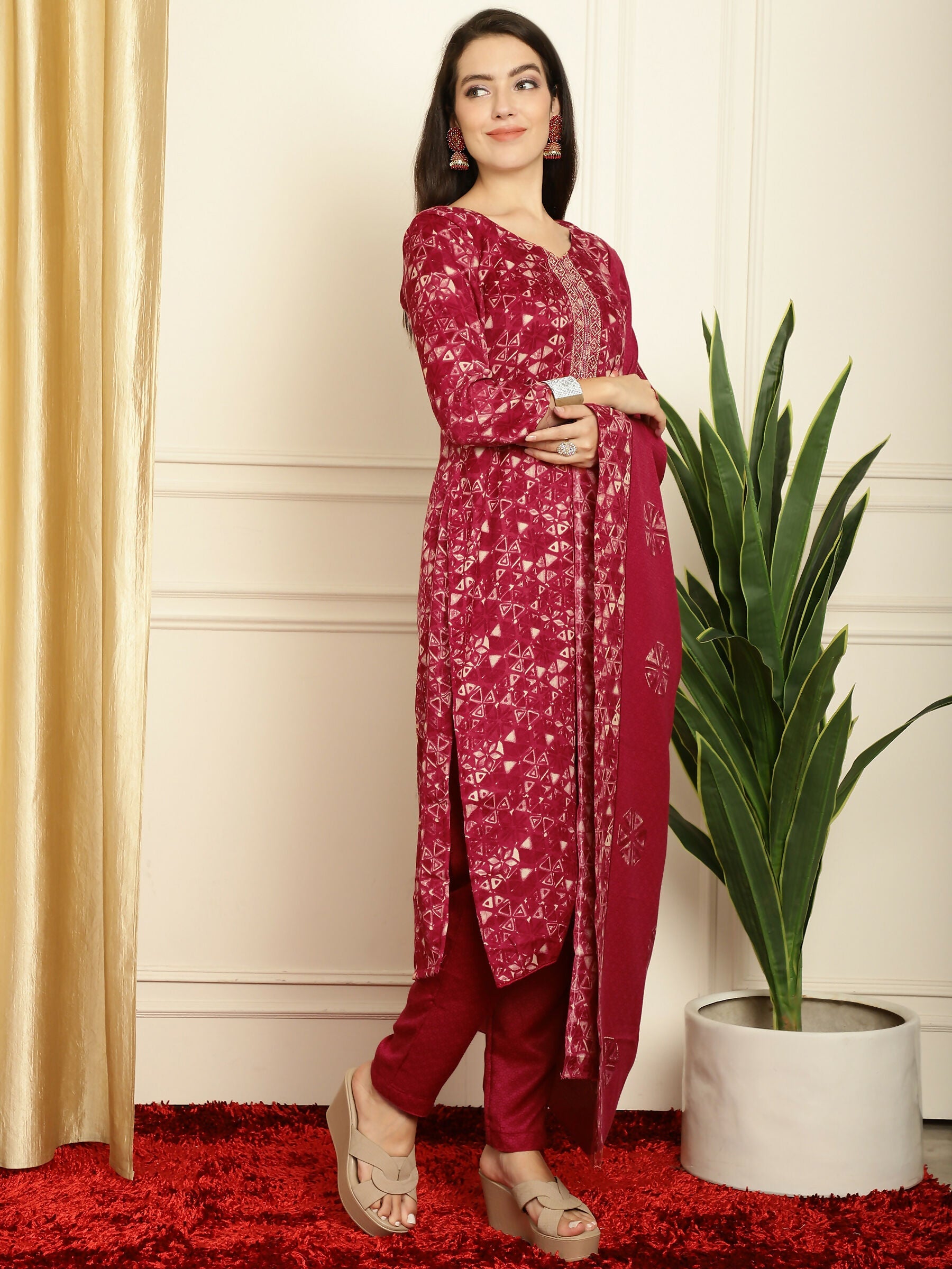Jyoti Fashion Women's Red Pashmina Floral Digital Printed Kurta with Trouser & Dupatta