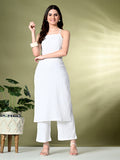 Myshka Women's Self Design Shoulder Straps Kurta & Palazzos Sets in White Color