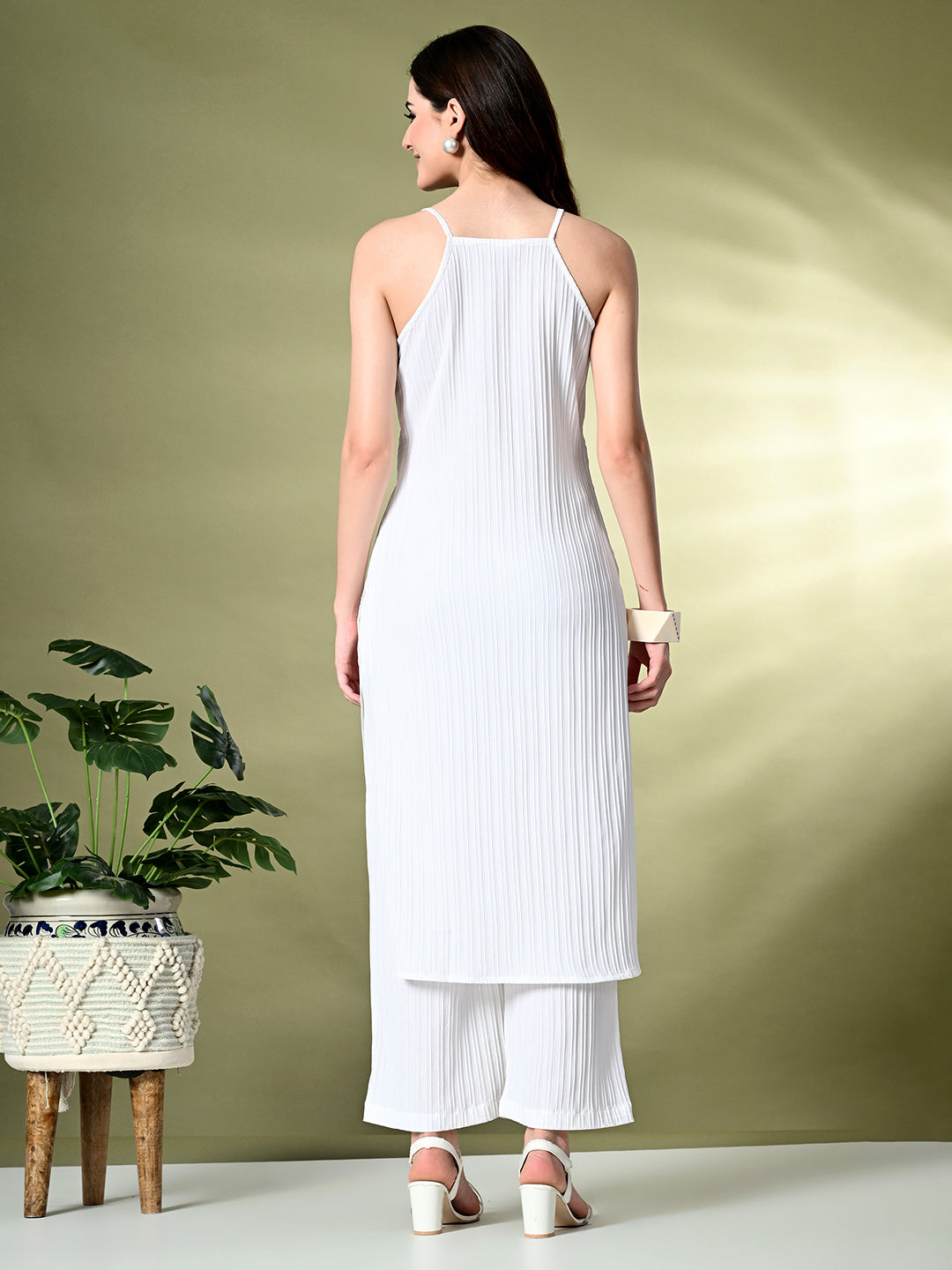 Myshka Women's Self Design Shoulder Straps Kurta & Palazzos Sets in White Color