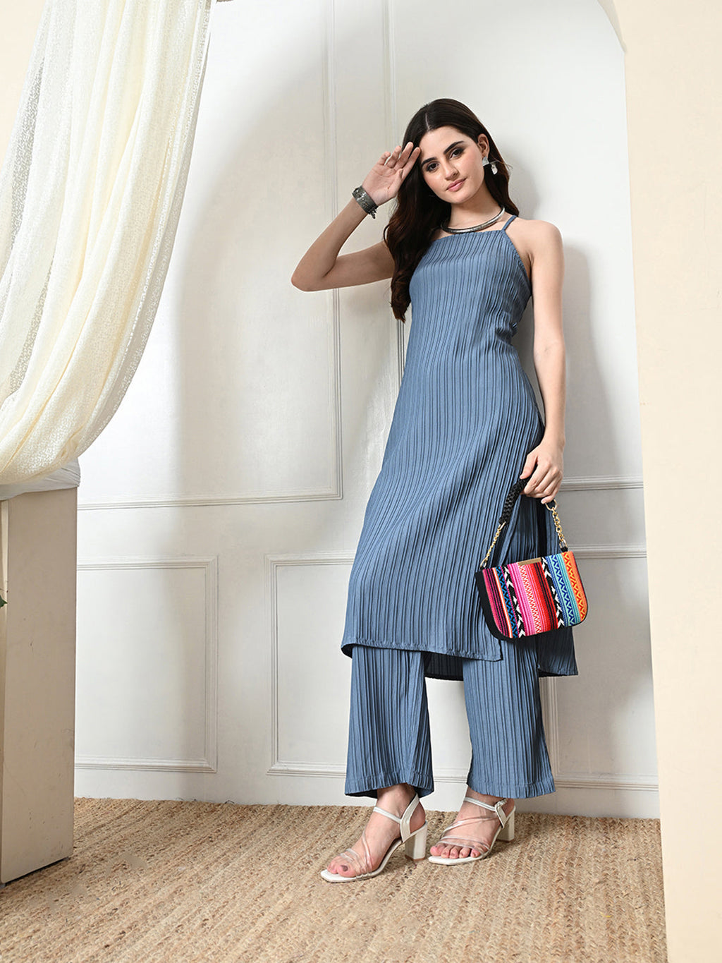 Myshka Women's Self Design Shoulder Straps Kurta & Palazzos Sets in Grey Color