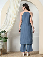 Myshka Women's Self Design Shoulder Straps Kurta & Palazzos Sets in Grey Color