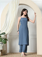 Myshka Women's Self Design Shoulder Straps Kurta & Palazzos Sets in Grey Color