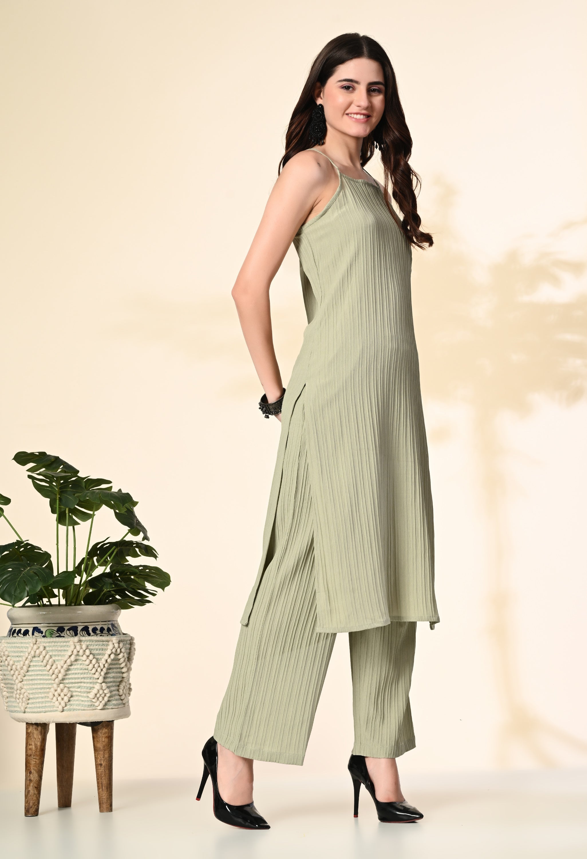 Myshka Women's Self Design Shoulder Straps Kurta & Palazzos Sets in Olive Color
