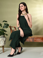Myshka Women's Self Design Shoulder Straps Kurta & Palazzos Sets in Green Color