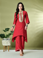 Myshka Women's Embroidered Keyhole Neck Bell Sleeves Kurta & Palazzos Sets in Red Color