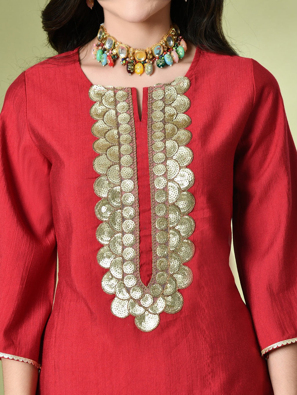 Myshka Women's Embroidered Keyhole Neck Bell Sleeves Kurta & Palazzos Sets in Red Color